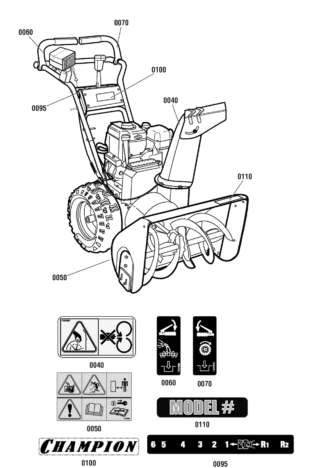 Decals Group Diagram and Parts List for 1695952 2010 Briggs and Stratton Snow Blower